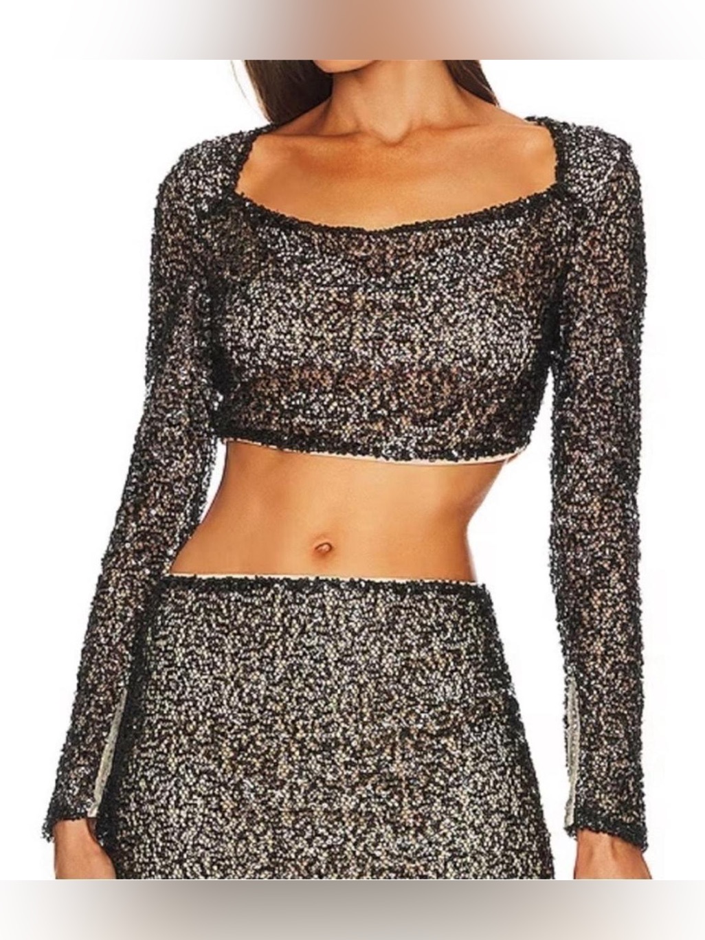 Michael Costello X Revolve Nadiya Black Sequined Long Sleeve Crop Top S Nwt